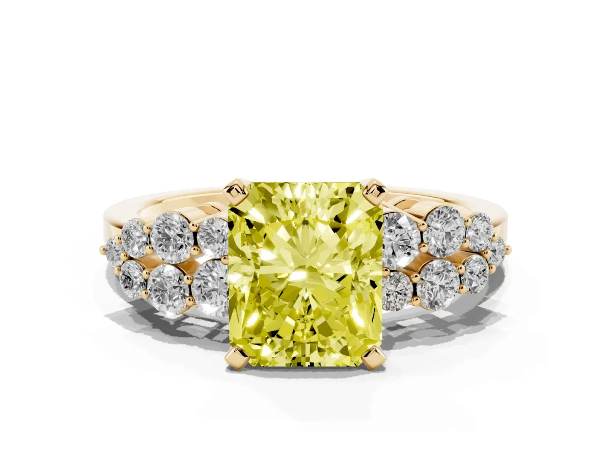 Fancy Yellow Radiant Cut Cluster Diamond Engagement Ring with Pavé Band and Four-Prong Setting Yellow gold