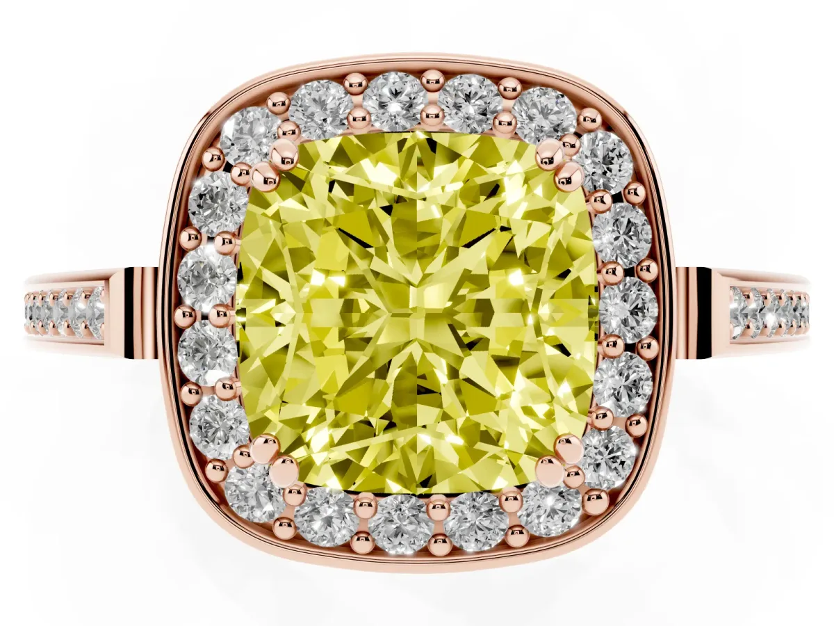 Fancy Yellow Cushion Cut Diamond Halo Ring with Split Shank and Four-Prong Setting Rose gold