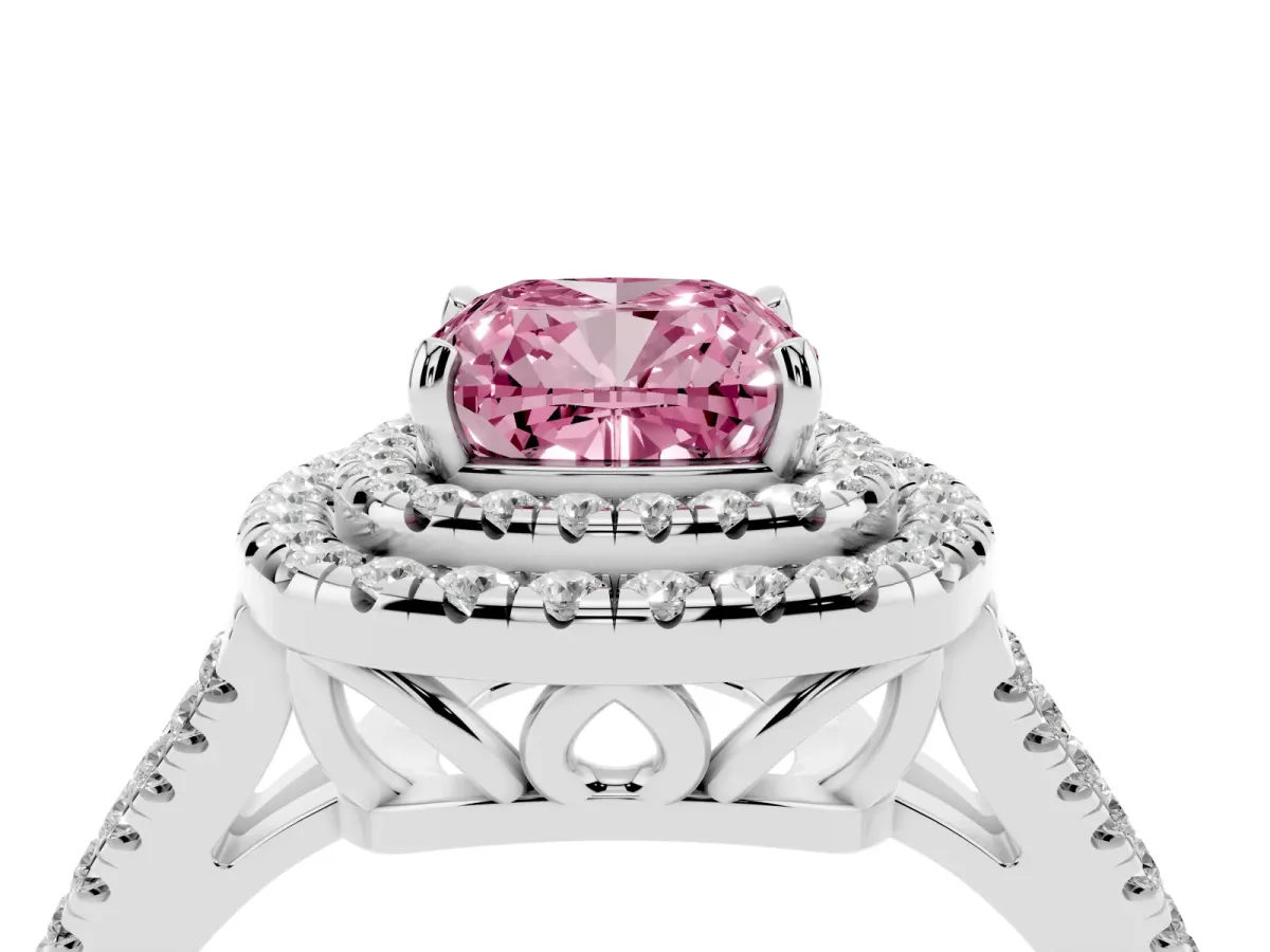 Fancy Pink Cushion Cut Diamond Double Halo Ring with Pavé Band and Prong Setting Silver