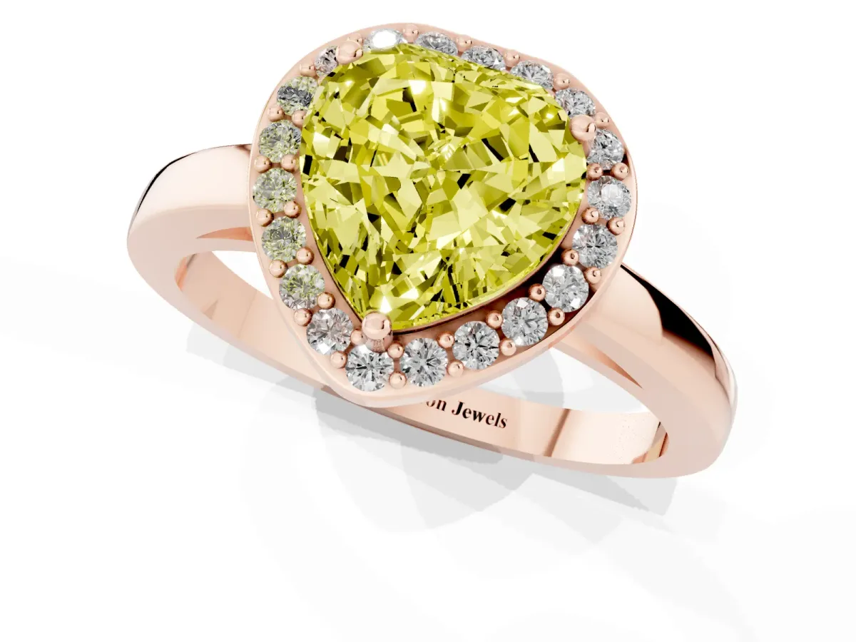 Fancy Yellow Heart Cut Halo Diamond Ring with Solitaire Band and Prong Setting Rose gold