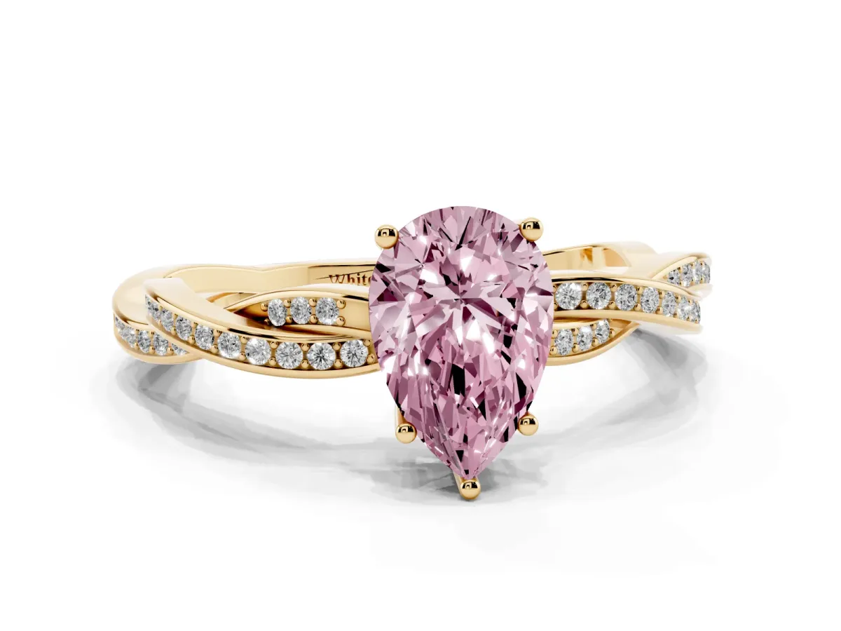 Fancy Pink Pear Cut Solitaire Twisted Pave Diamond Ring with Four-Prong Setting Yellow gold