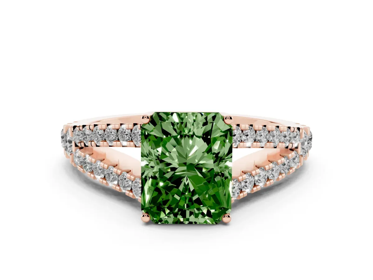 Fancy Green Radiant Cut Diamond Split Shank Engagement Ring with Round Pavé and Prong Setting Rose gold