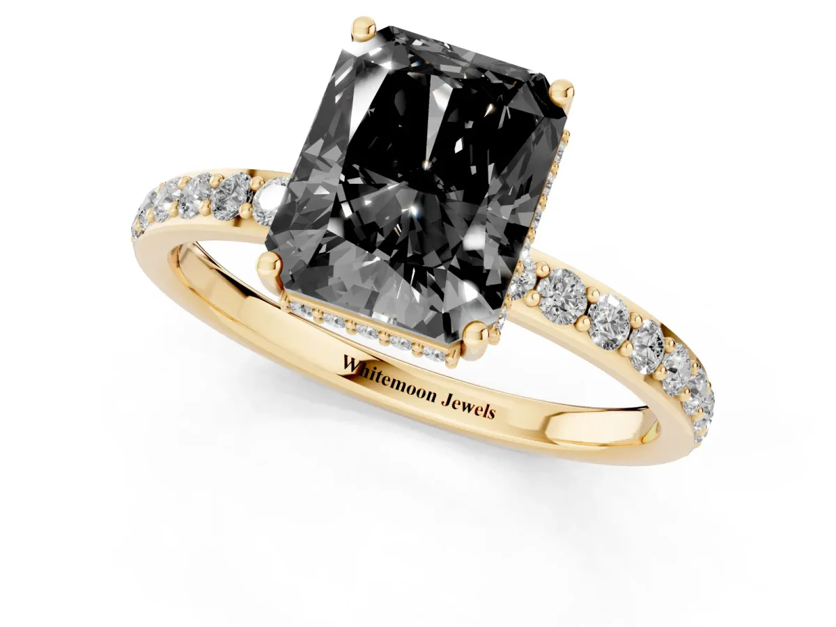 Fancy Black Radiant Cut Diamond Solitaire Ring with Pavé Band and Hidden Halo Yellow gold