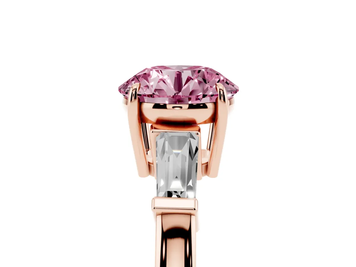 Fancy Pink Round Cut Diamond Three-Stone Ring with Tapered Baguette Side Stones and Prong Setting Rose gold