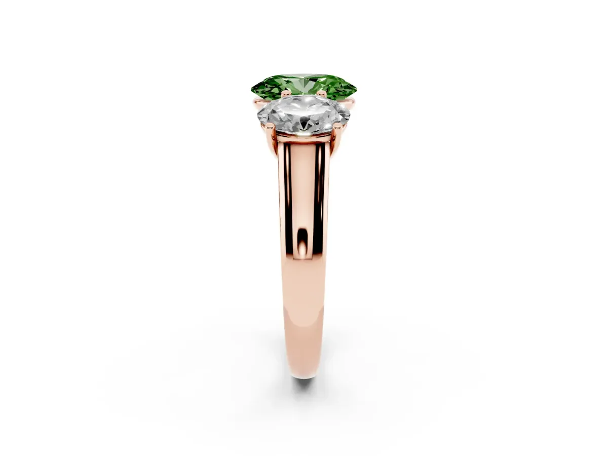 Fancy Green Oval Cut Three-Stone Diamond Ring with Prong Setting on a Classic Band Rose gold