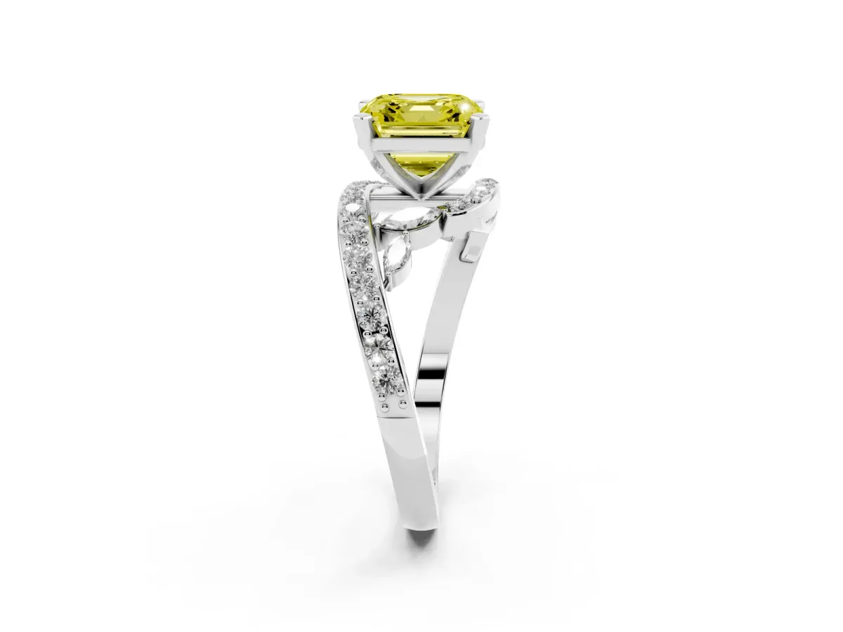 Fancy Yellow Asscher Cut Solitaire with Pavé Twist Band and Four-Prong Setting Platinum