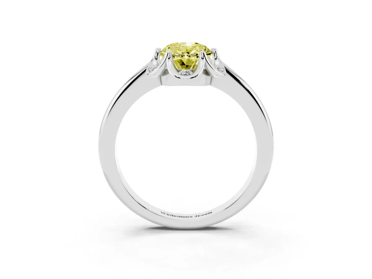 Fancy Yellow Oval Cut Halo Diamond Ring with Round Cluster Setting, Solitaire Band, and Four-Prong Setting Platinum