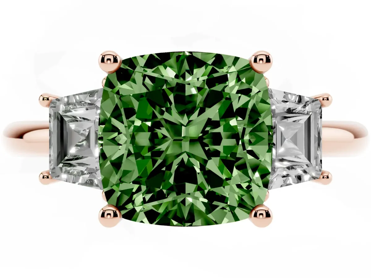 Fancy Green Cushion Cut Diamond Three-Stone Ring with Trapezoid Side Stones and Prong Setting Rose gold