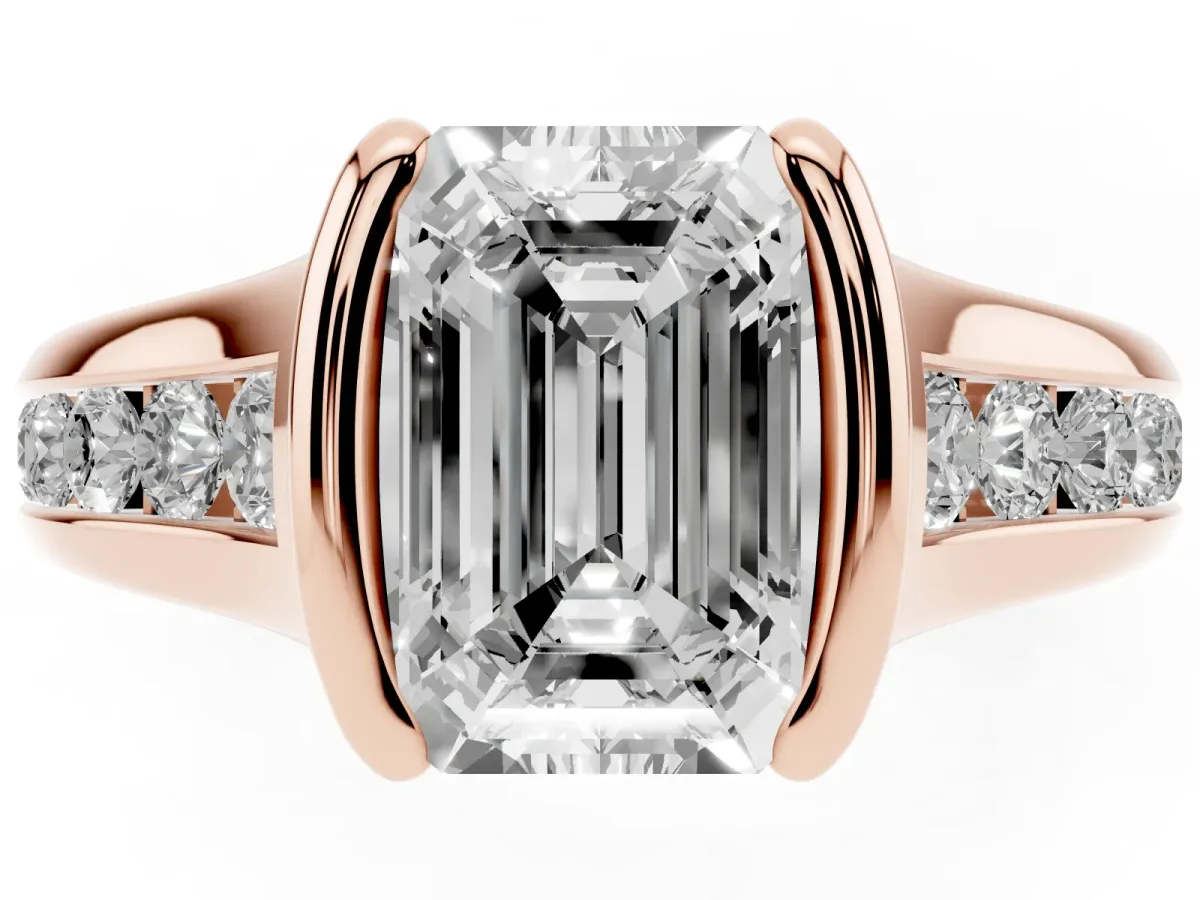 Emerald Cut Solitaire Bezel-Set Diamond Ring with Channel-Set Band Rose gold