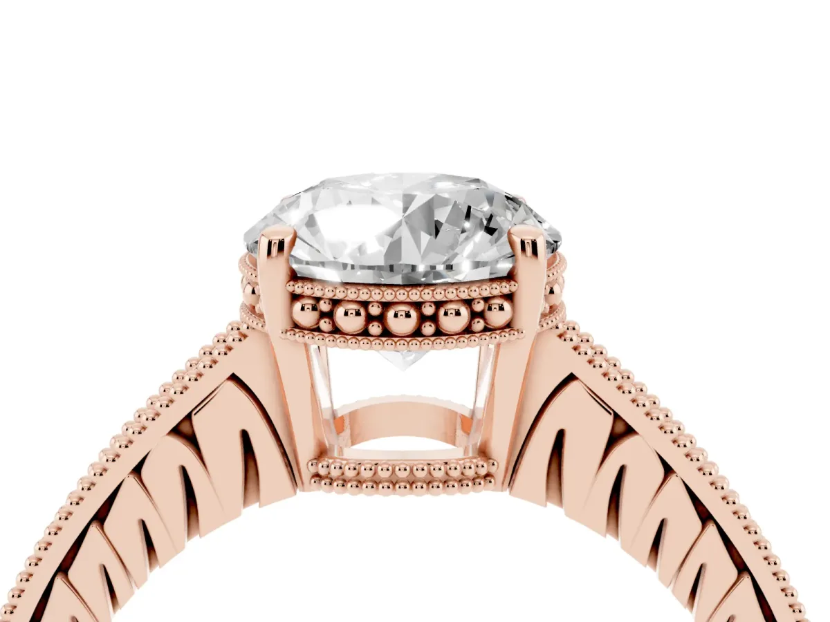 Round Cut Solitaire Pavé Diamond Milgrain Engagement Ring with Four-Prong Setting Rose gold