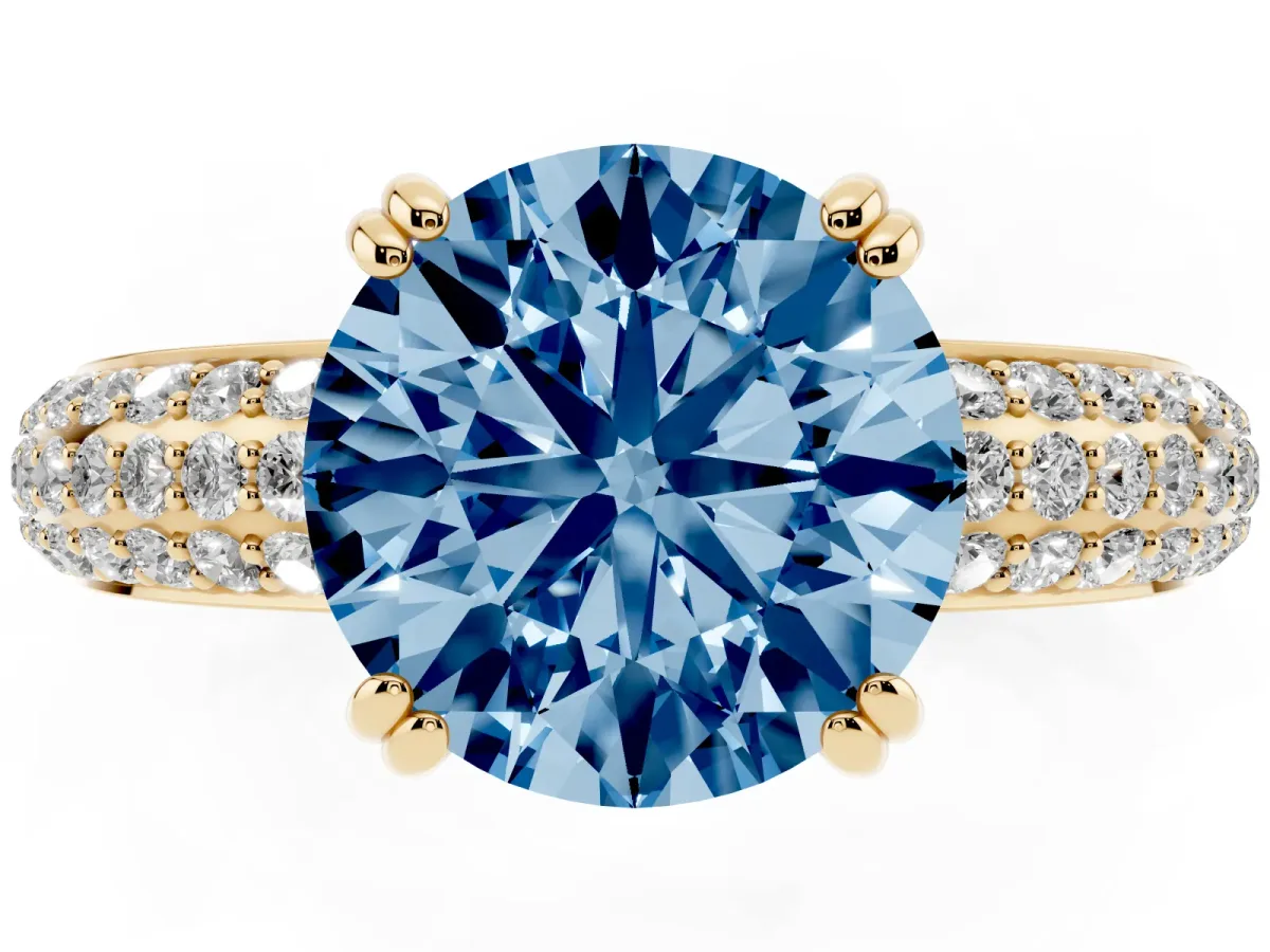 Fancy Blue Round Cut Diamond Solitaire Ring with Multi-Row Round Pavé Band and Prong Setting Yellow gold