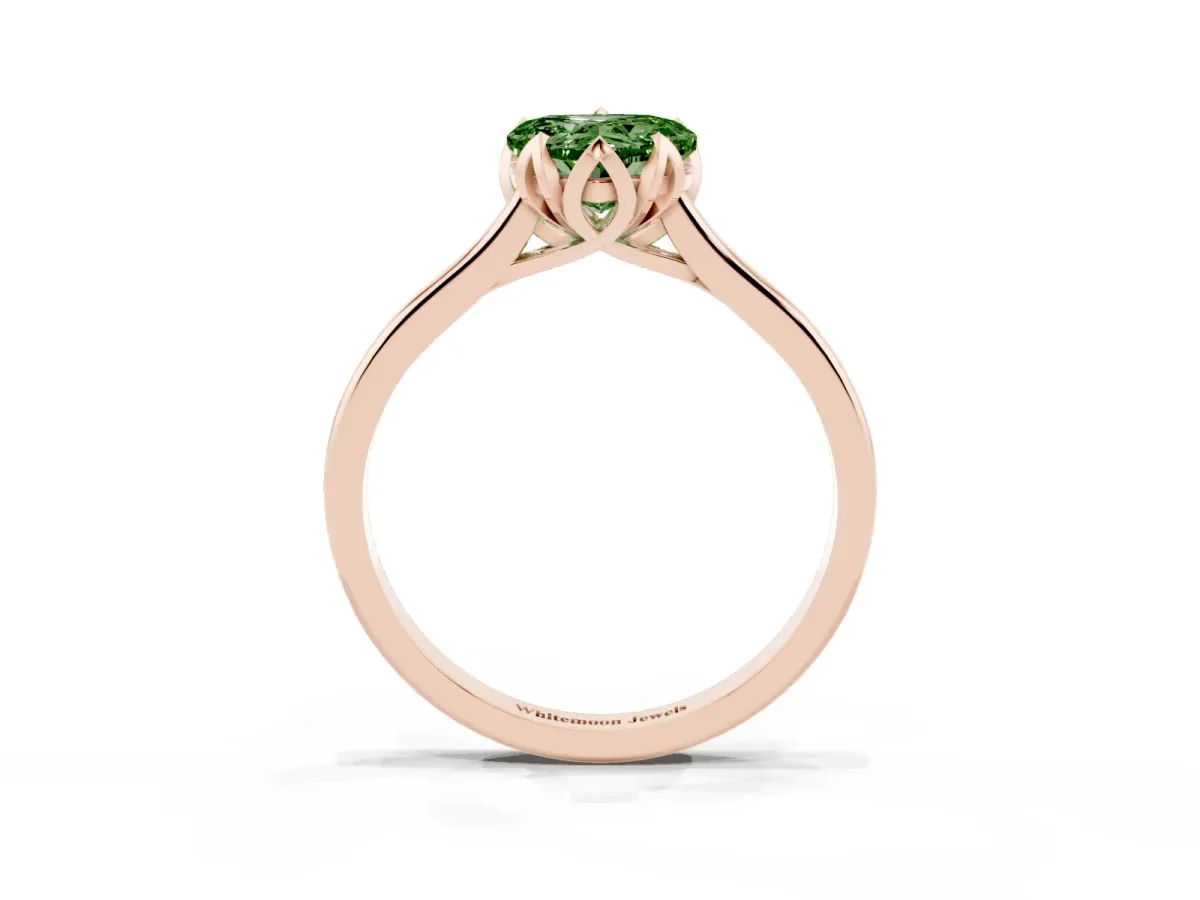 Fancy Green Heart Cut Diamond Solitaire Ring with Flower Prong Setting and Classic Band Rose gold