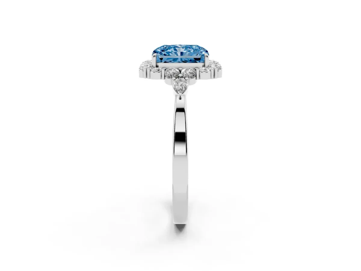 Fancy Blue Radiant Cut Diamond Halo Ring with Pear Side Stones and Prong Setting Silver