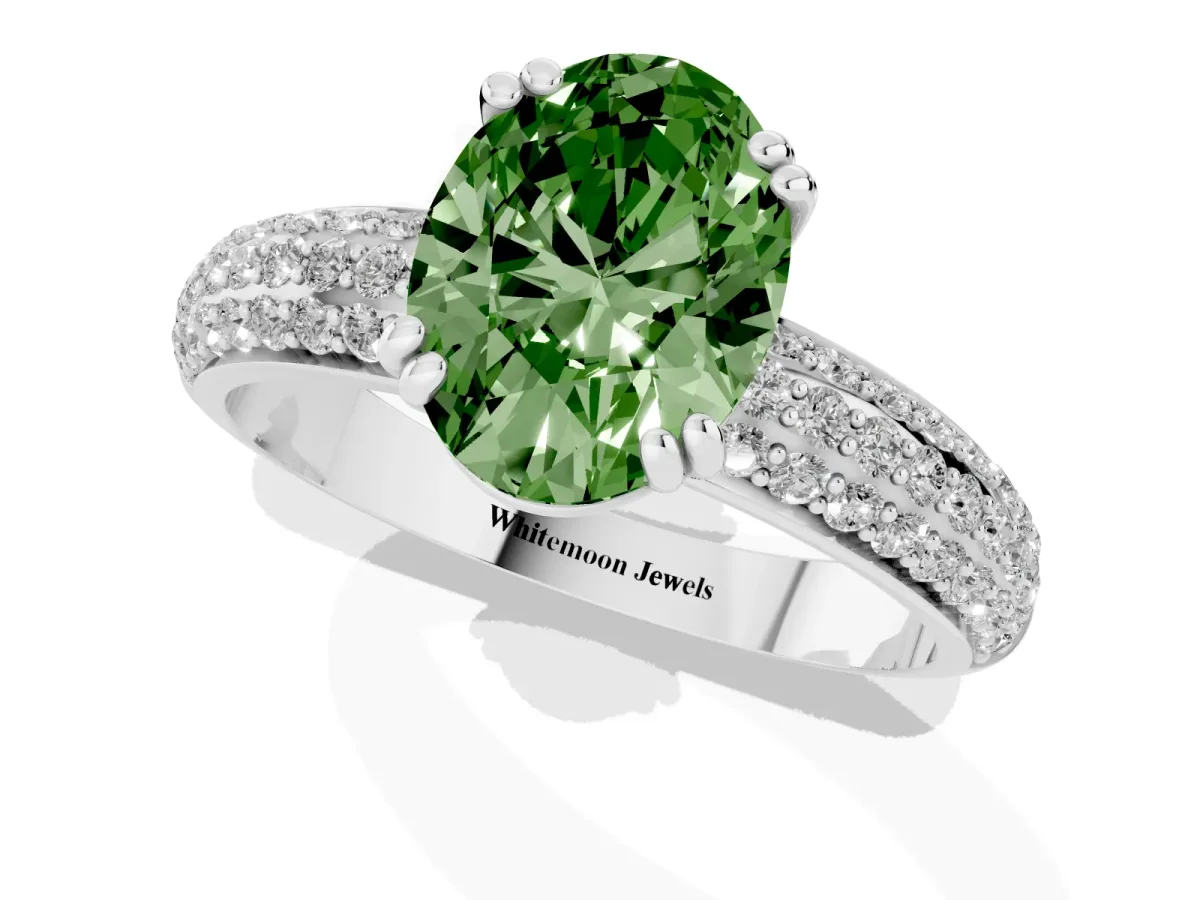 Fancy Green Oval Cut Diamond Solitaire Ring with Multi-Row Round Pavé Band and Prong Setting Silver