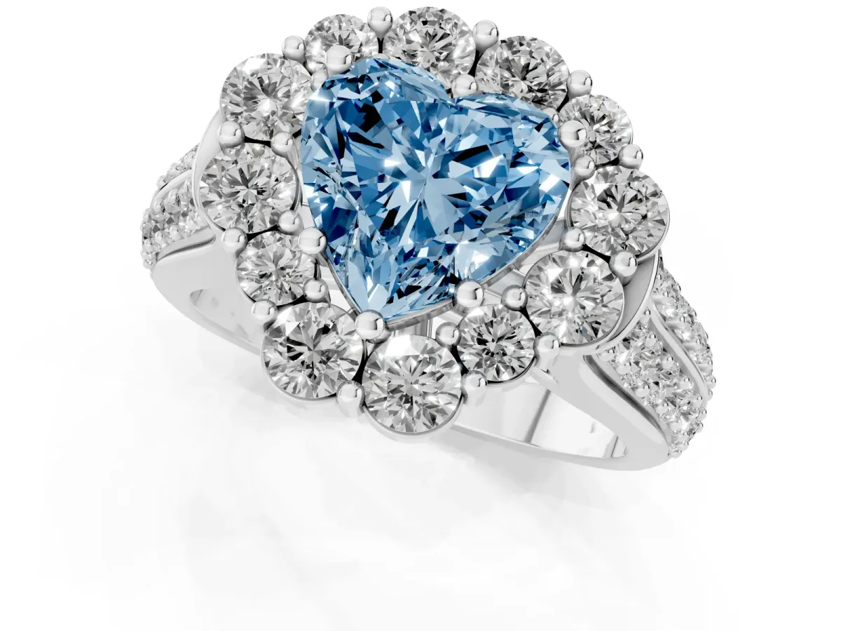 Fancy Blue Heart Cut Halo Diamond Engagement Ring with Split Shank and Prong Setting Silver