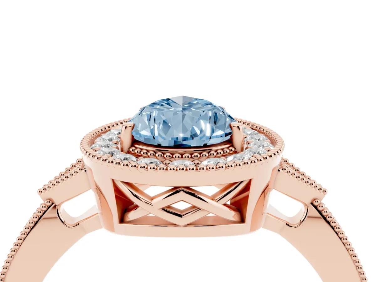 Fancy Blue Pear Cut Halo Round Diamond Milgrain Pave Engagement Ring Rose gold