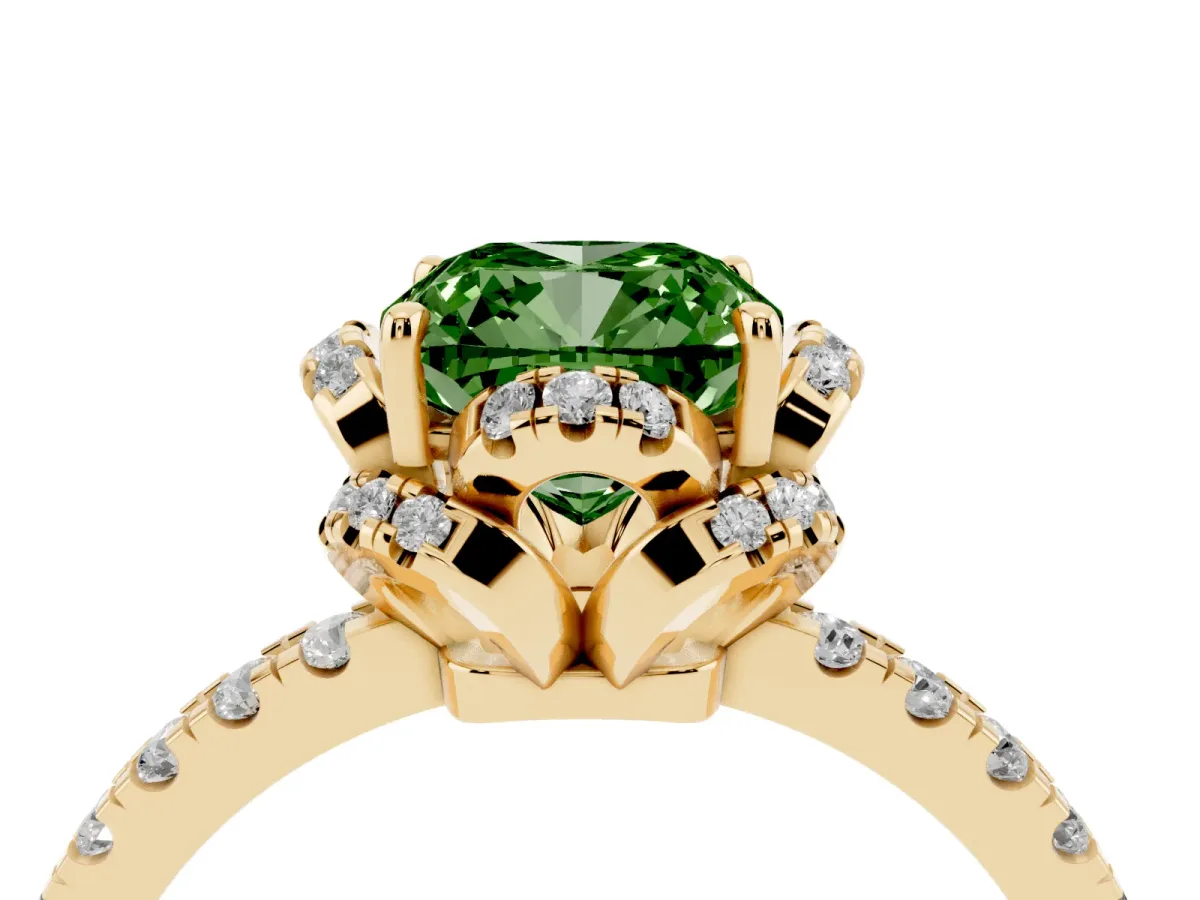 Fancy Green Cushion Cut Halo Diamond Pave Band Ring with Four-Prong Setting Yellow gold