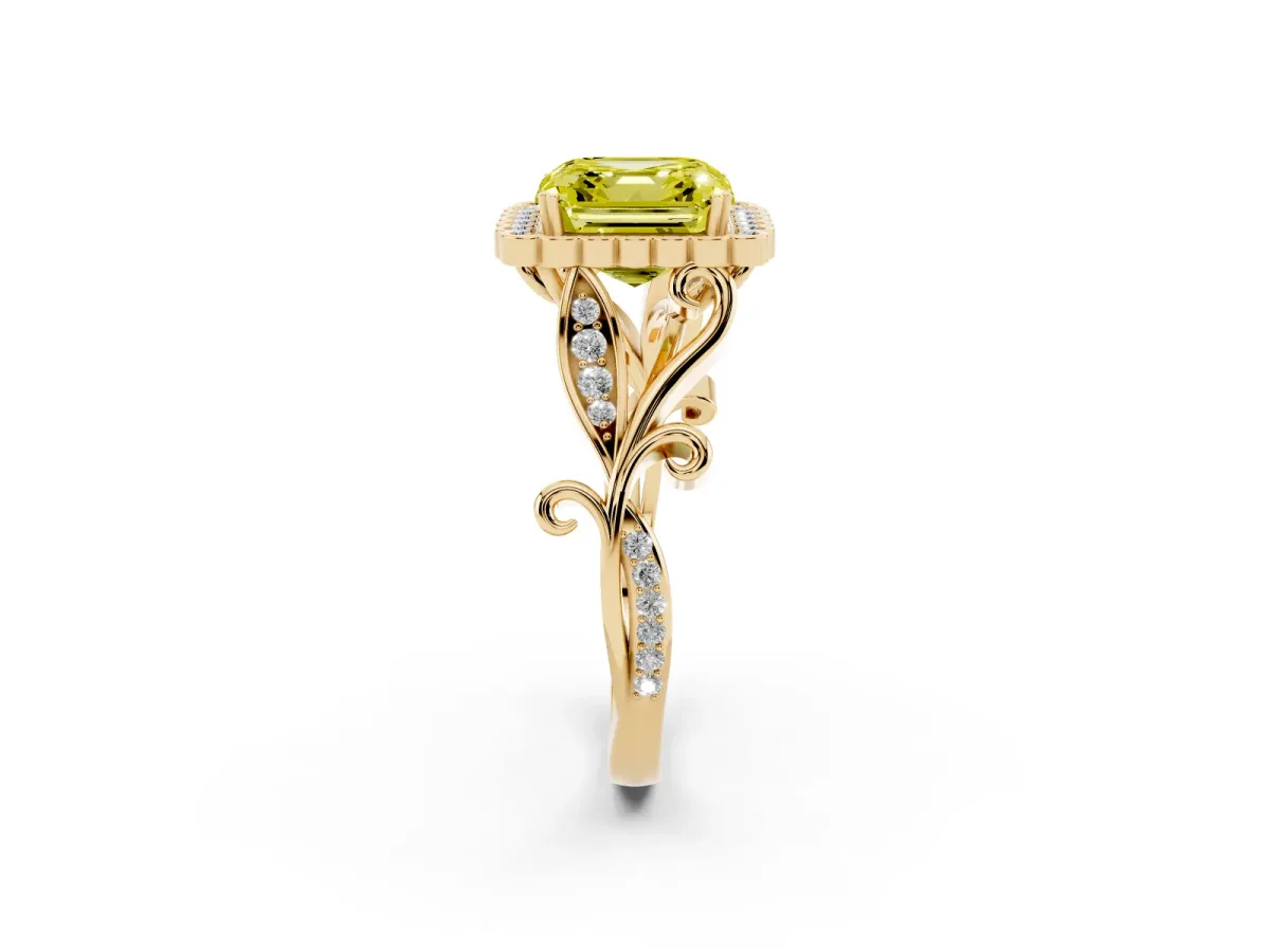 Fancy Yellow Asscher Cut Diamond Halo Ring with Vintage Split Shank and Four-Prong Setting Yellow gold