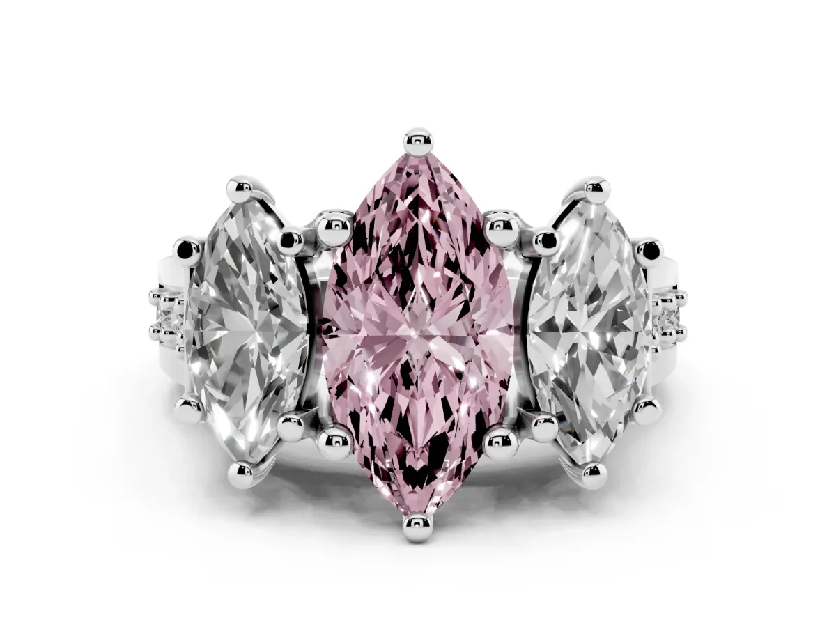 Fancy Pink Marquise Cut Diamond Three-Stone Ring with Channel Set Band and Four-Prong Setting Platinum