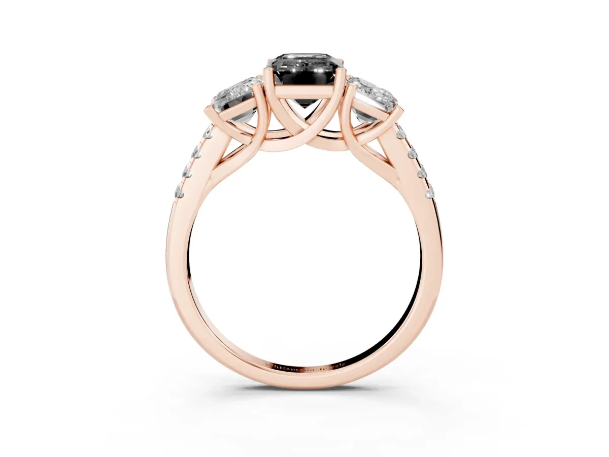 Fancy Black Three-Stone Emerald Cut Diamond Ring with Round Pavé Band and Prong Setting Rose gold