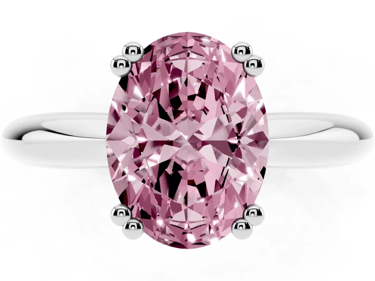 Fancy Pink Oval Cut Cut Solitaire Engagement Ring with Tapered Band and Four-Prong Setting Silver