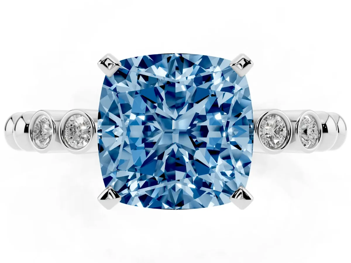 Fancy Blue Cushion Cut Solitaire Bezel Accent Diamond Engagement Ring with Beaded Band and Four-Prong Setting Silver