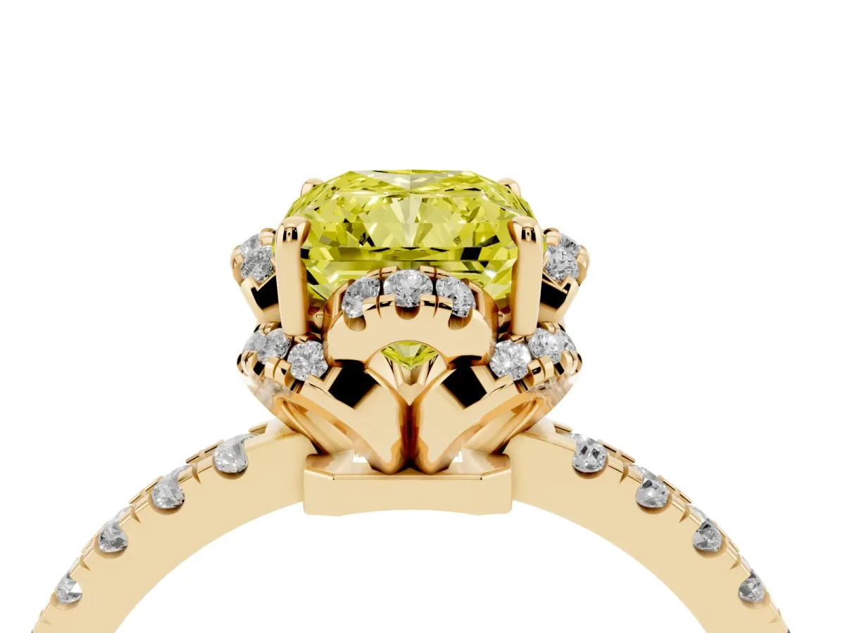 Fancy Yellow Radiant Cut Halo Diamond Pave Band Ring with Four-Prong Setting Yellow gold