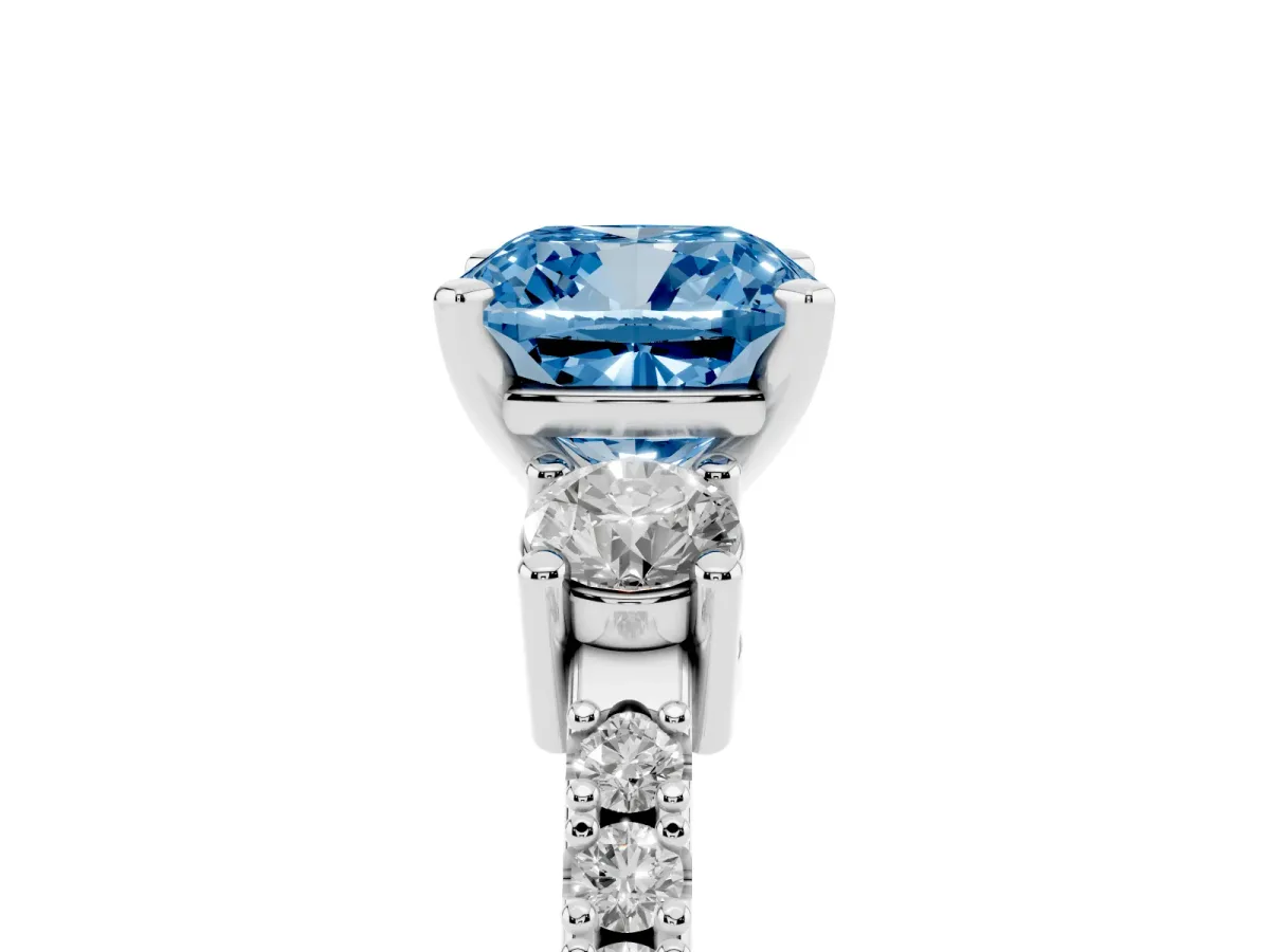 Fancy Blue Cushion Cut Three-Stone Diamond Pavé Band with Prong Setting Platinum