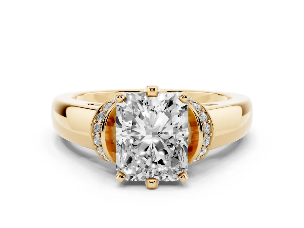 Radiant Cut Solitaire Diamond Ring with Pave Band and Six-Prong Setting Yellow gold