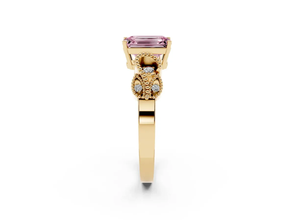 Fancy Pink Emerald Cut Solitaire Milgrain Leaf Band with Prong Setting Yellow gold
