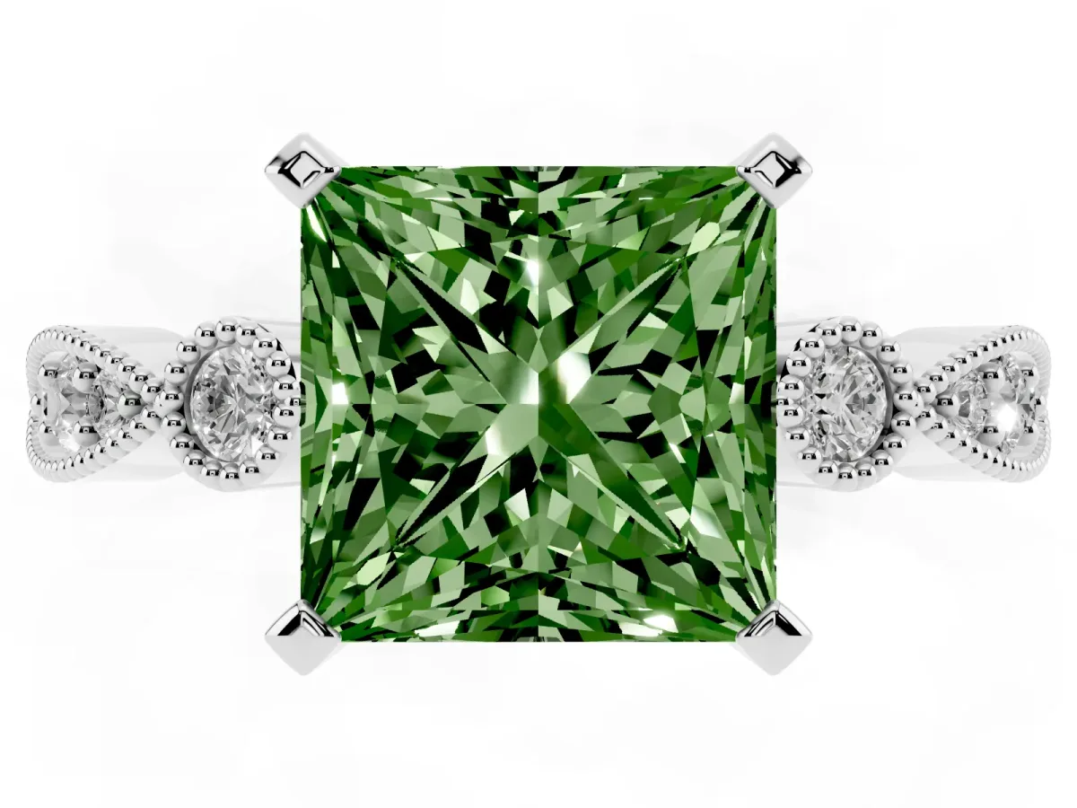 Fancy Green Princess Cut Milgrain Bezel Diamond Engagement Ring with Solitaire Prong Setting Silver