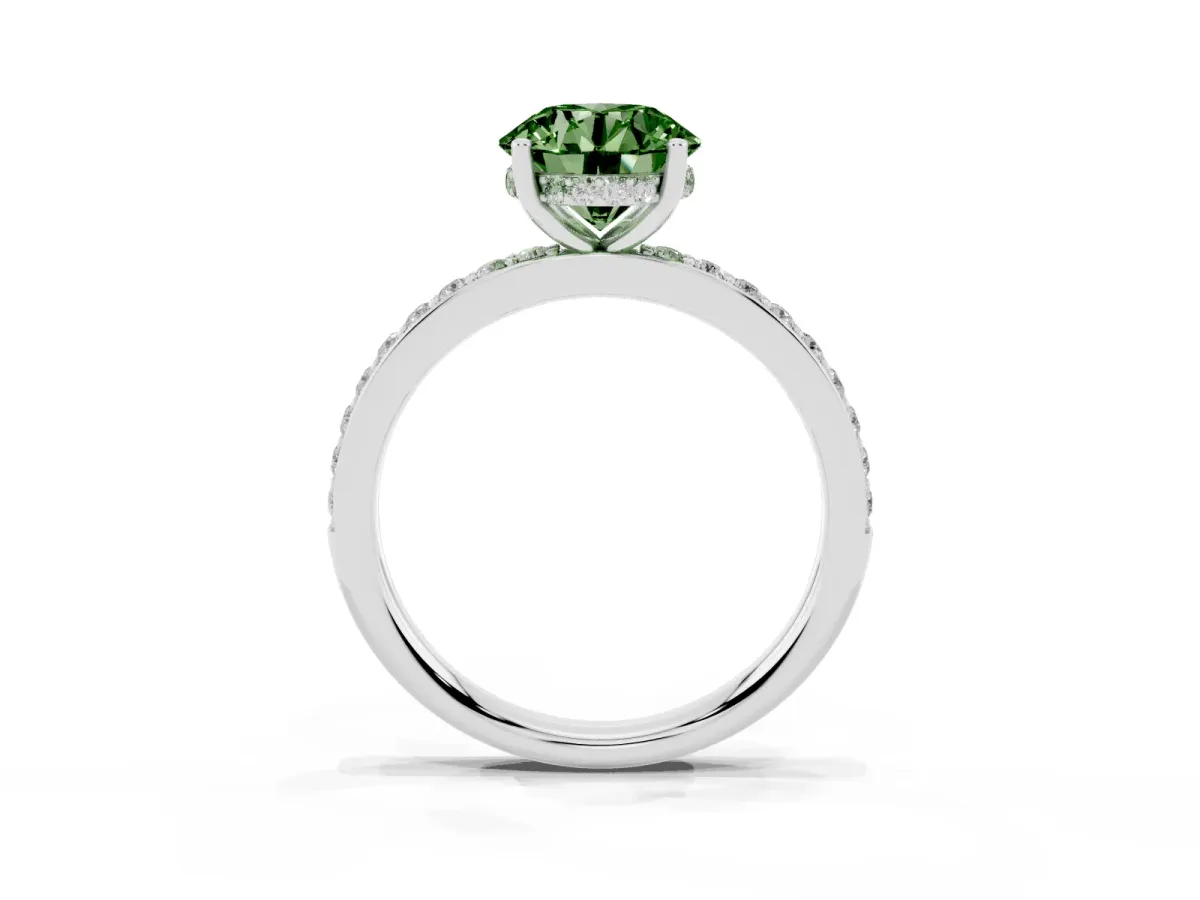 Fancy Green Round Cut Cut Diamond Pavé Band Ring with Four-Prong Setting Platinum