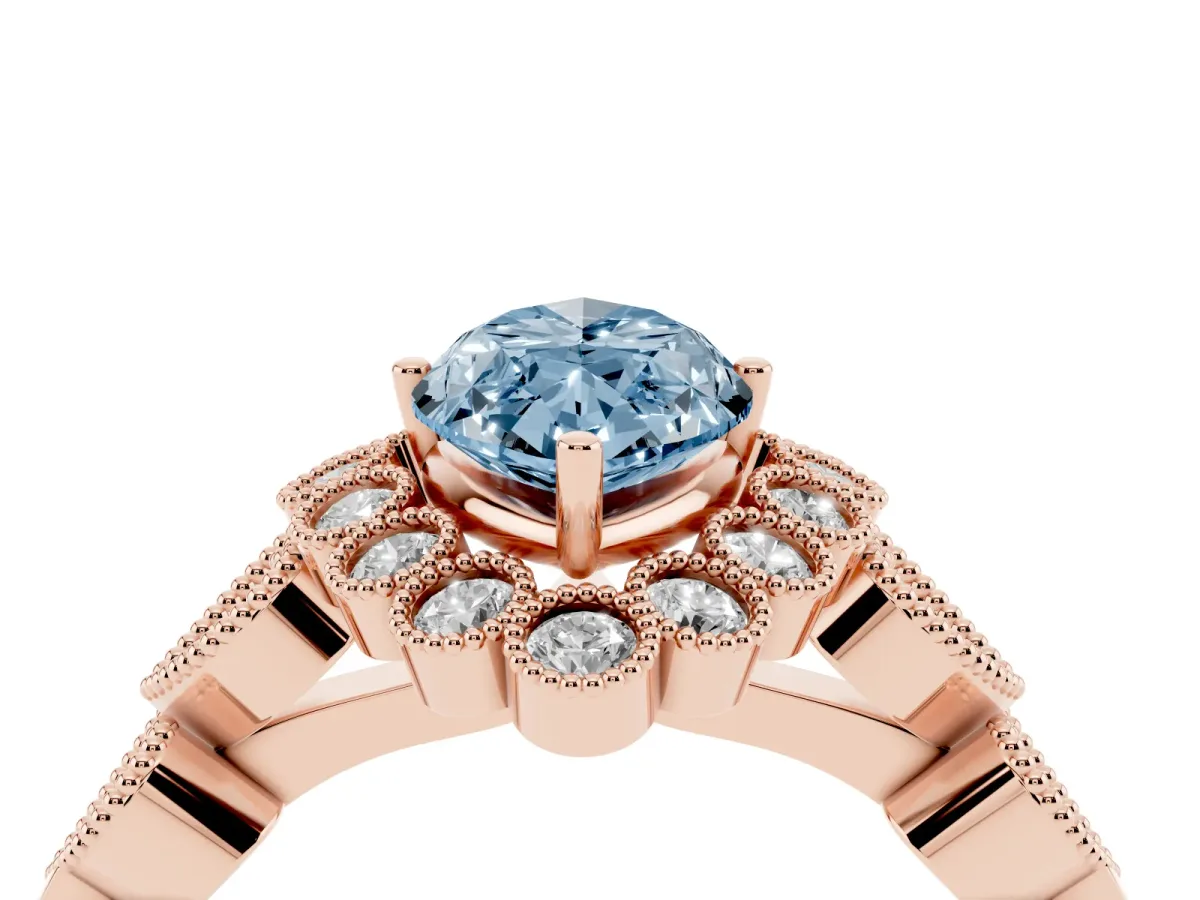Fancy Blue Marquise Cut Brilliant Milgrain Pave Heart Band Solitaire Ring Rose gold