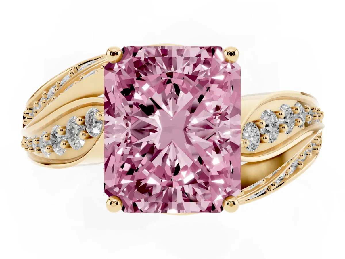 Fancy Pink Radiant Cut Diamond Solitaire Ring with Prong Setting and Twisted Pavé Band Yellow gold