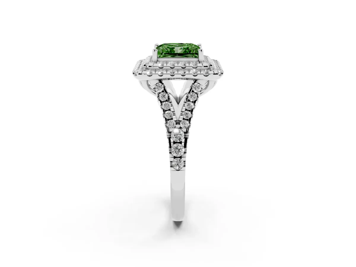 Fancy Green Double Halo Princess Cut Diamond Pavé Split Shank Ring with Prong Setting Silver