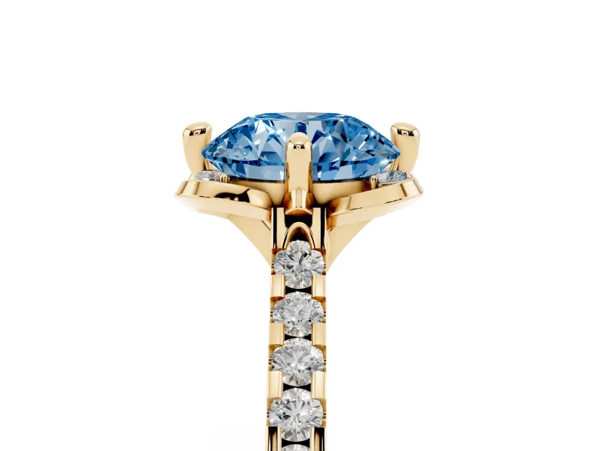Fancy Blue Round Cut Diamond Ring with Pavé Band and Floral Prong Setting Yellow gold
