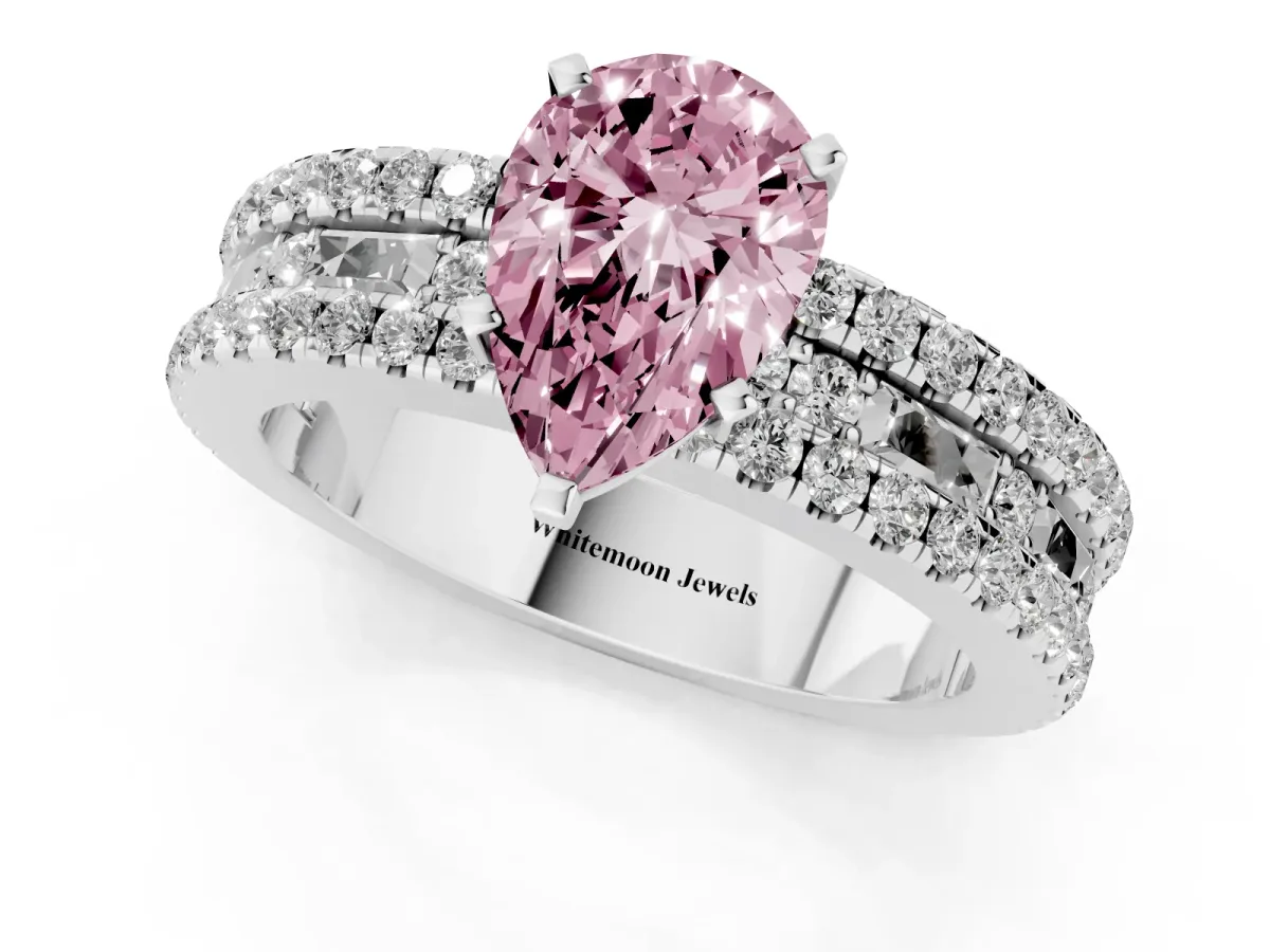 Fancy Pink Pear Cut Diamond Solitaire Ring with Pavé and Channel Set Band Silver