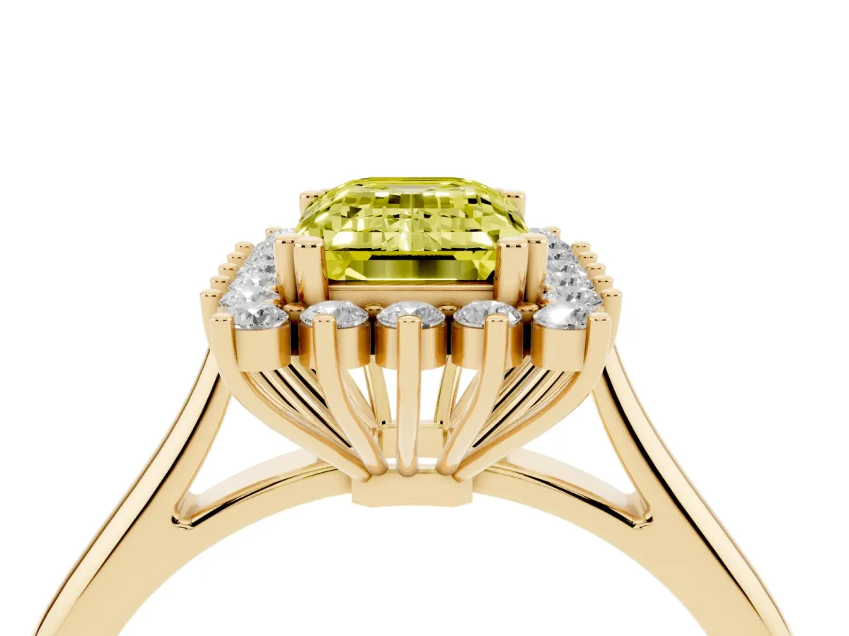 Fancy Yellow Emerald Cut Cut Diamond Halo Ring with Solitaire Band and Prong Setting Yellow gold