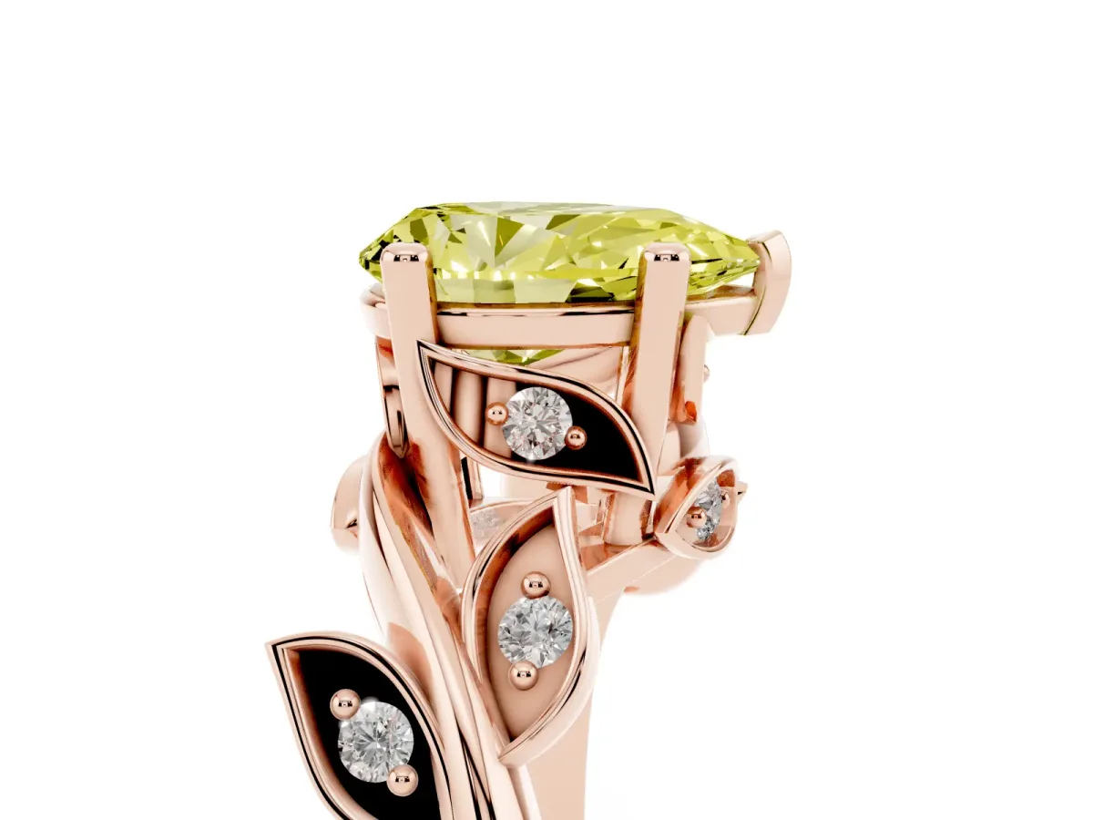 Fancy Yellow Pear Cut Solitaire Twist Engagement Ring with Leaf Accents and Prong Setting Rose gold