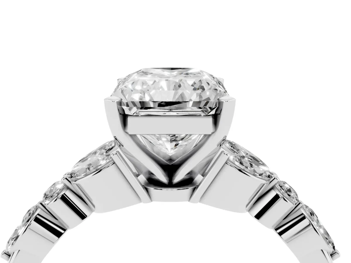 Radiant Cut Diamond Solitaire Ring with Side Stones and Four-Prong Setting Silver