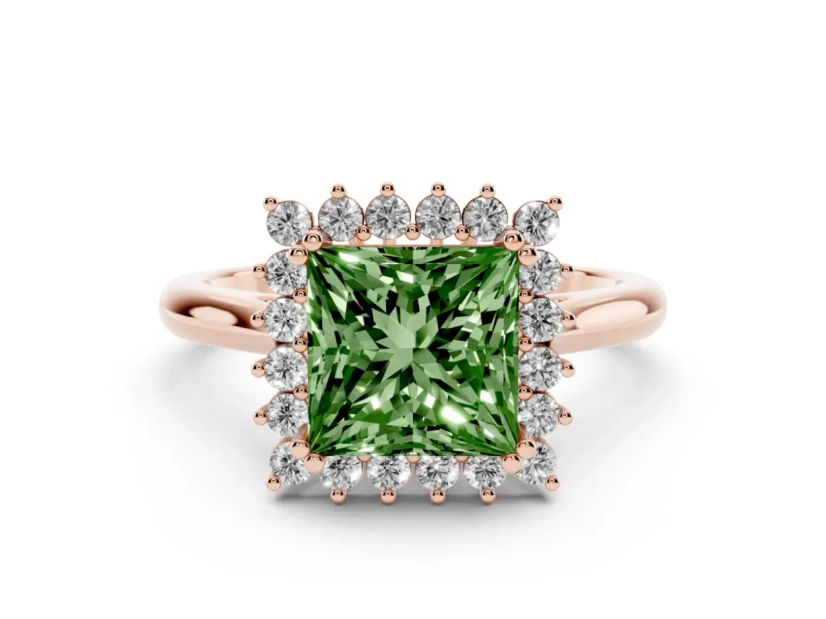 Fancy Green Princess Cut Cut Diamond Halo Ring with Solitaire Band and Prong Setting Rose gold