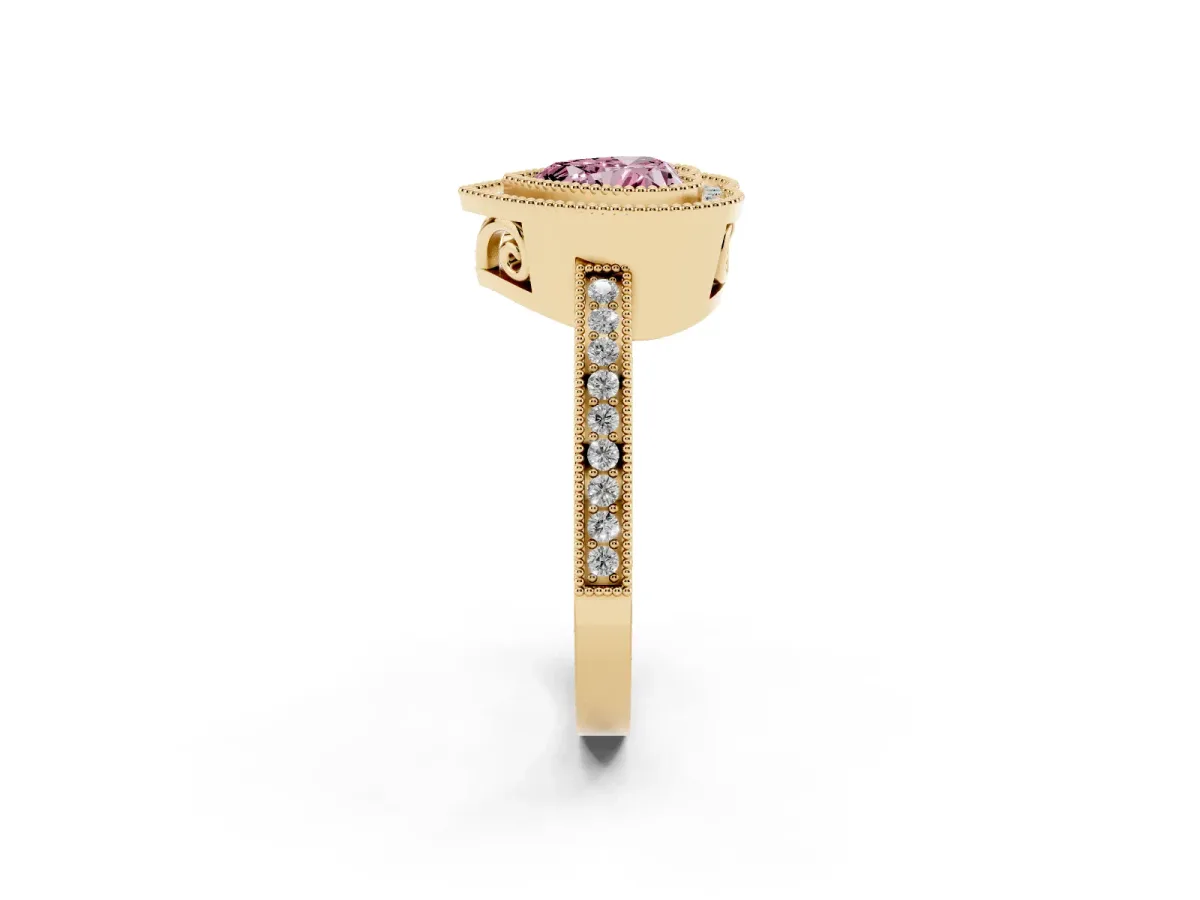 Fancy Pink Heart Cut Cut Halo Diamond Ring with Pavé Band and Milgrain Prong Setting Yellow gold