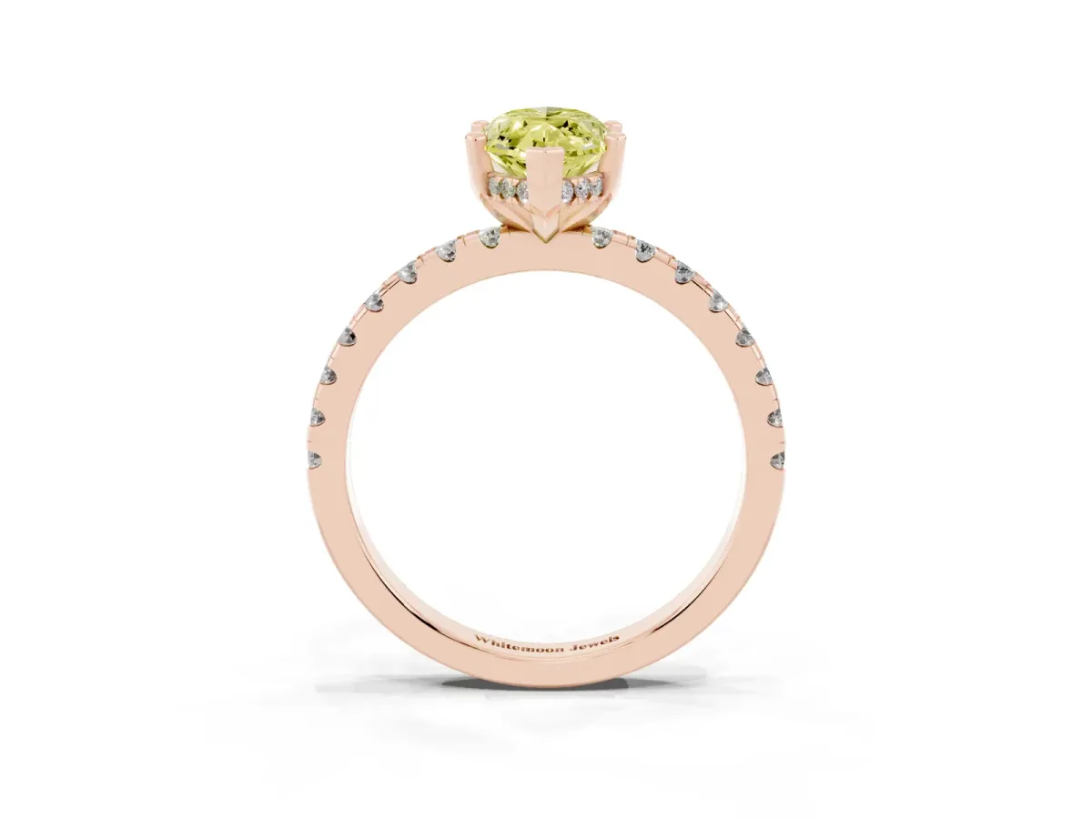 Fancy Yellow Marquise Cut Diamond Solitaire Ring with Round Pavé Band and Four-Prong Setting Rose gold