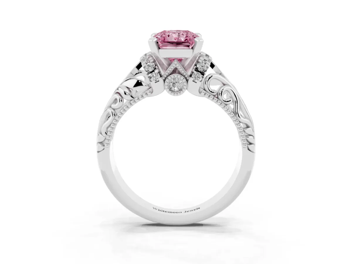 Fancy Pink Radiant Cut Solitaire Filigree Engagement Ring with Halo and Prong Setting Silver