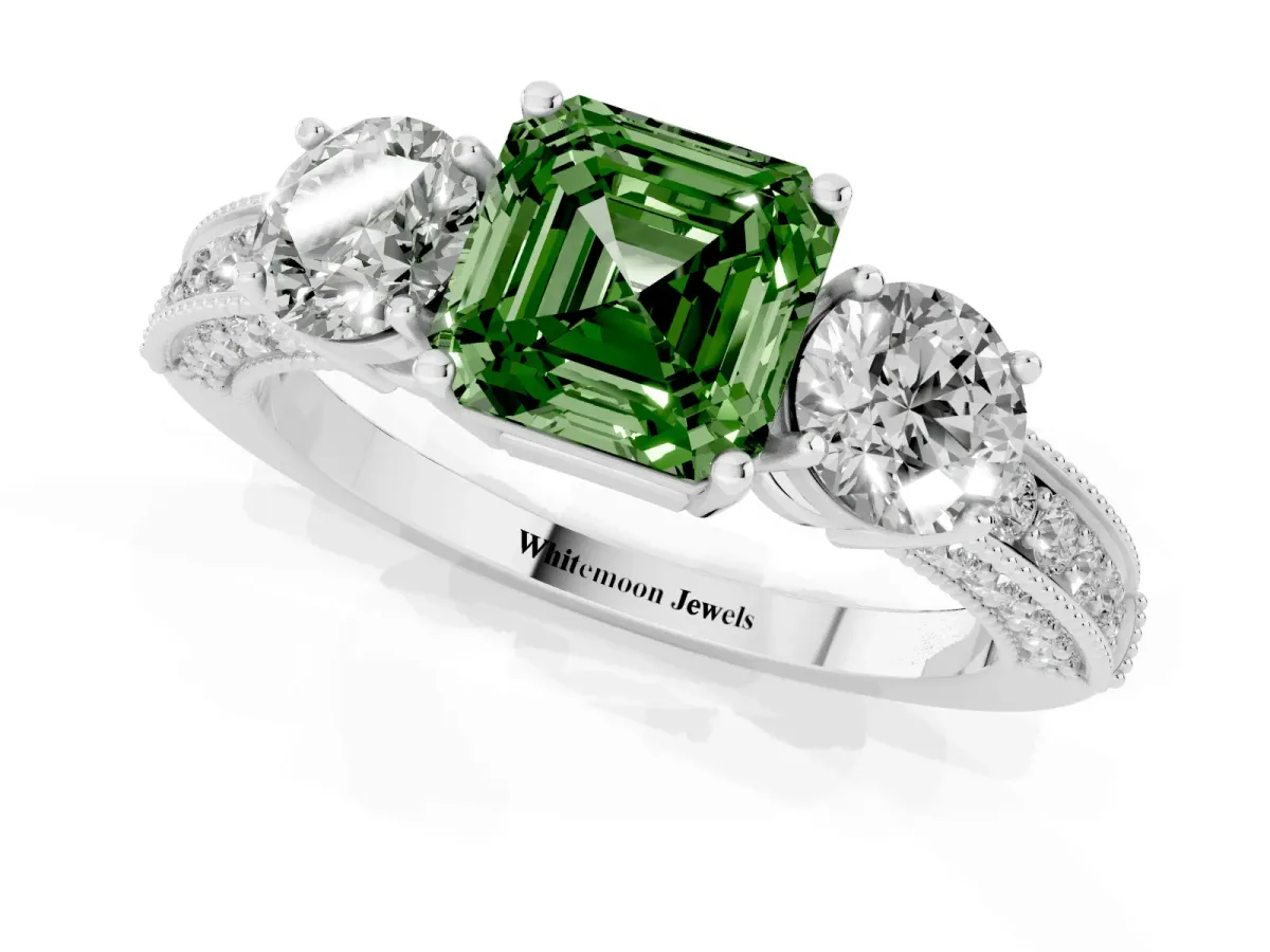 Fancy Green Asscher Cut Three-Stone Diamond Ring with Pavé Band and Four-Prong Setting Silver