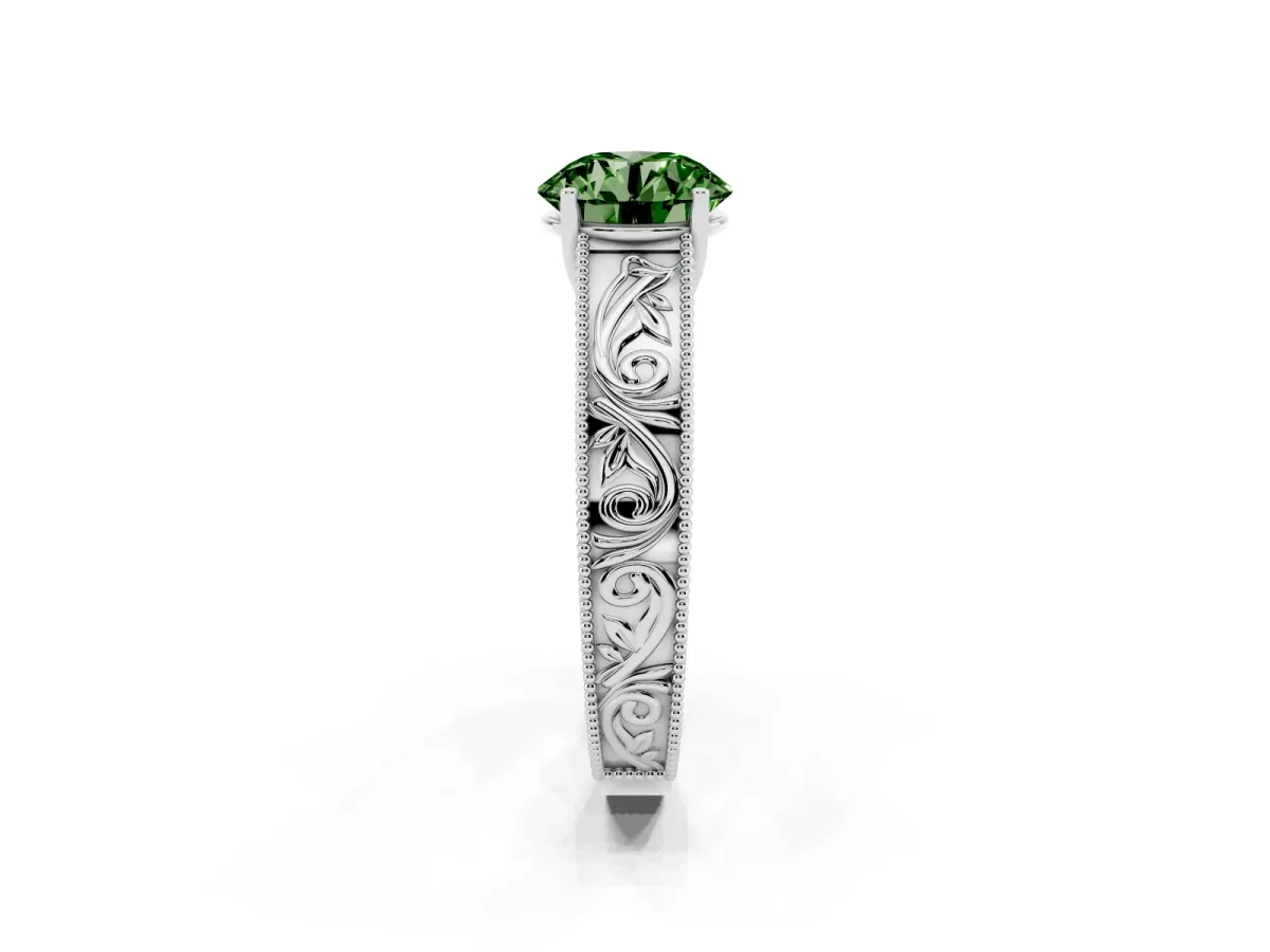 Fancy Green Round Cut Diamond Solitaire Ring with Engraved Band and Four-Prong Setting White gold
