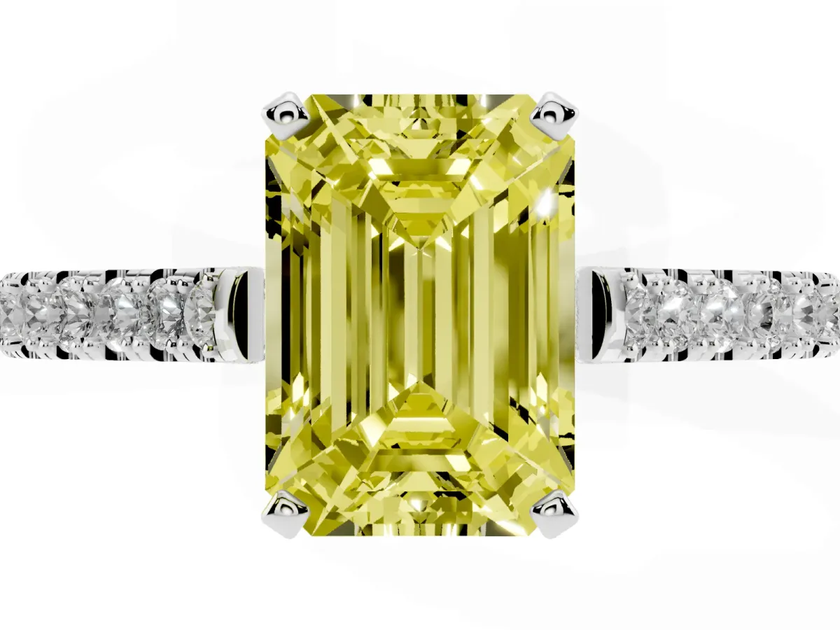 Fancy Yellow Emerald Cut Cut Solitaire Diamond Engagement Ring with Pave Band and Four-Prong Setting Platinum