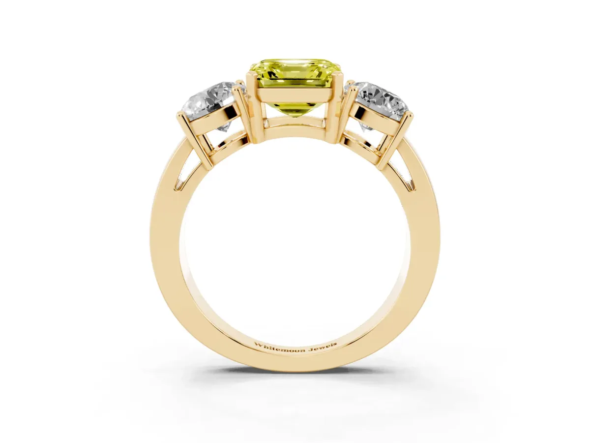 Fancy Yellow Three-Stone Asscher Cut Diamond Ring with Round Side Stones, Classic Band, and Four-Prong Setting Yellow gold