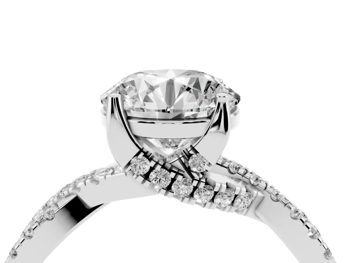 Round Cut Solitaire Twist Pave Diamond Engagement Ring with Prong Setting Silver
