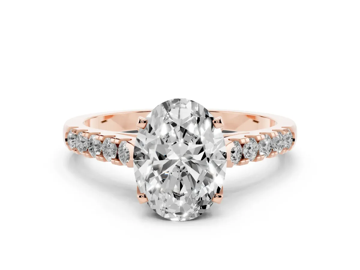 Oval Cut Diamond Pavé Band Solitaire Ring with Prong Setting Rose gold